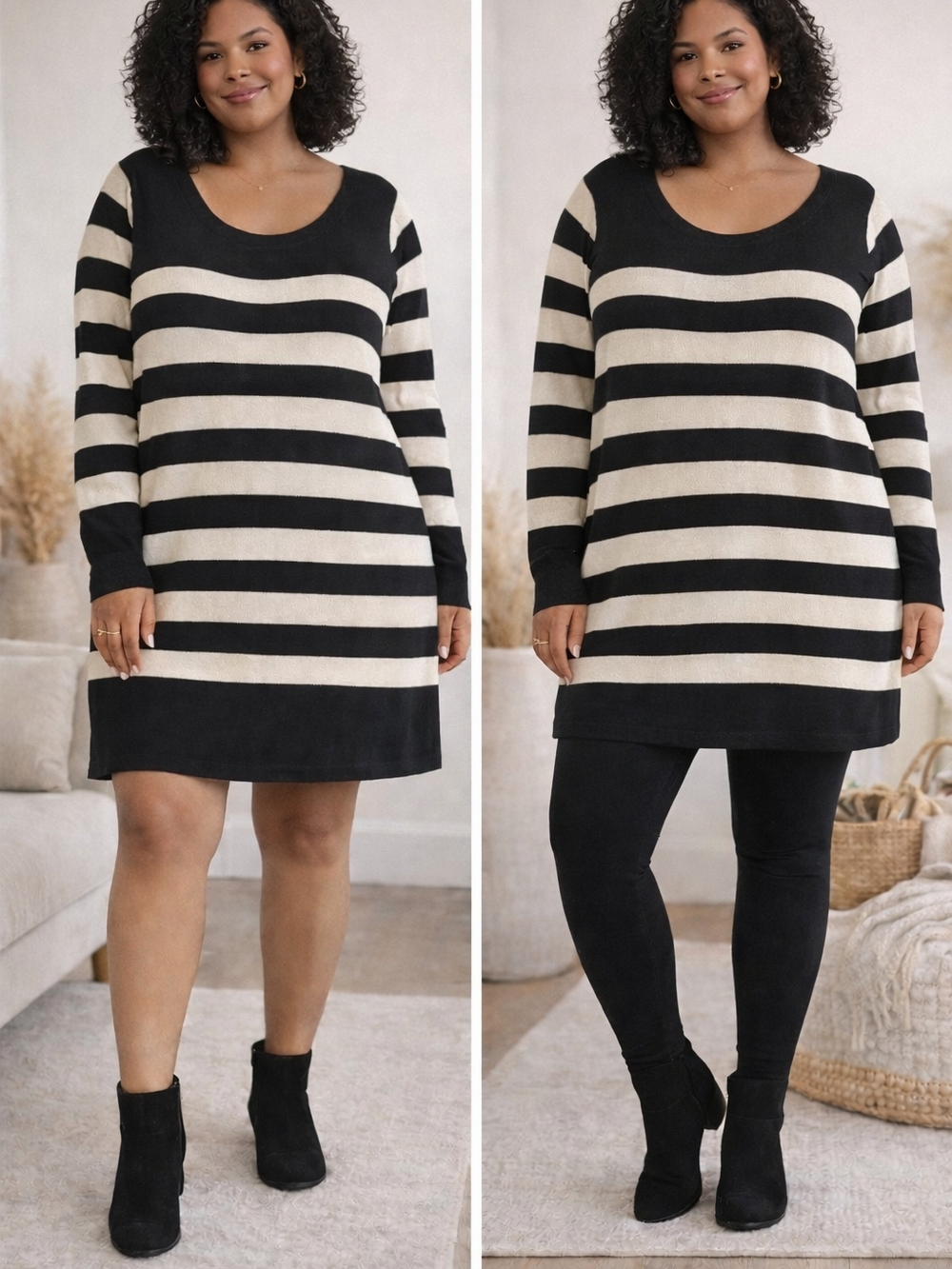 Jeffrey Banks 2X Black White Striped Sweater Dress Tunic Soft Knit